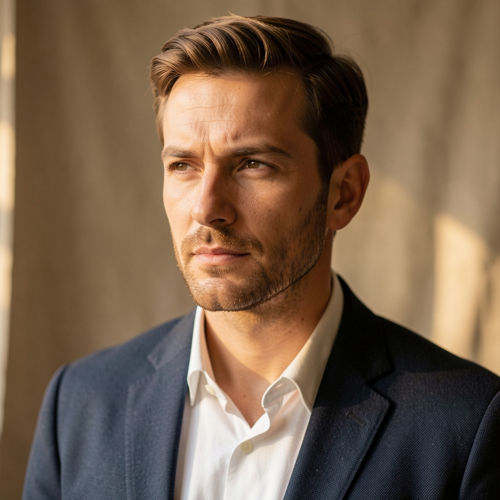 Editorial portrait of a man in his thirties, warm north-facing window light, thoughtful composed expression, plain linen background