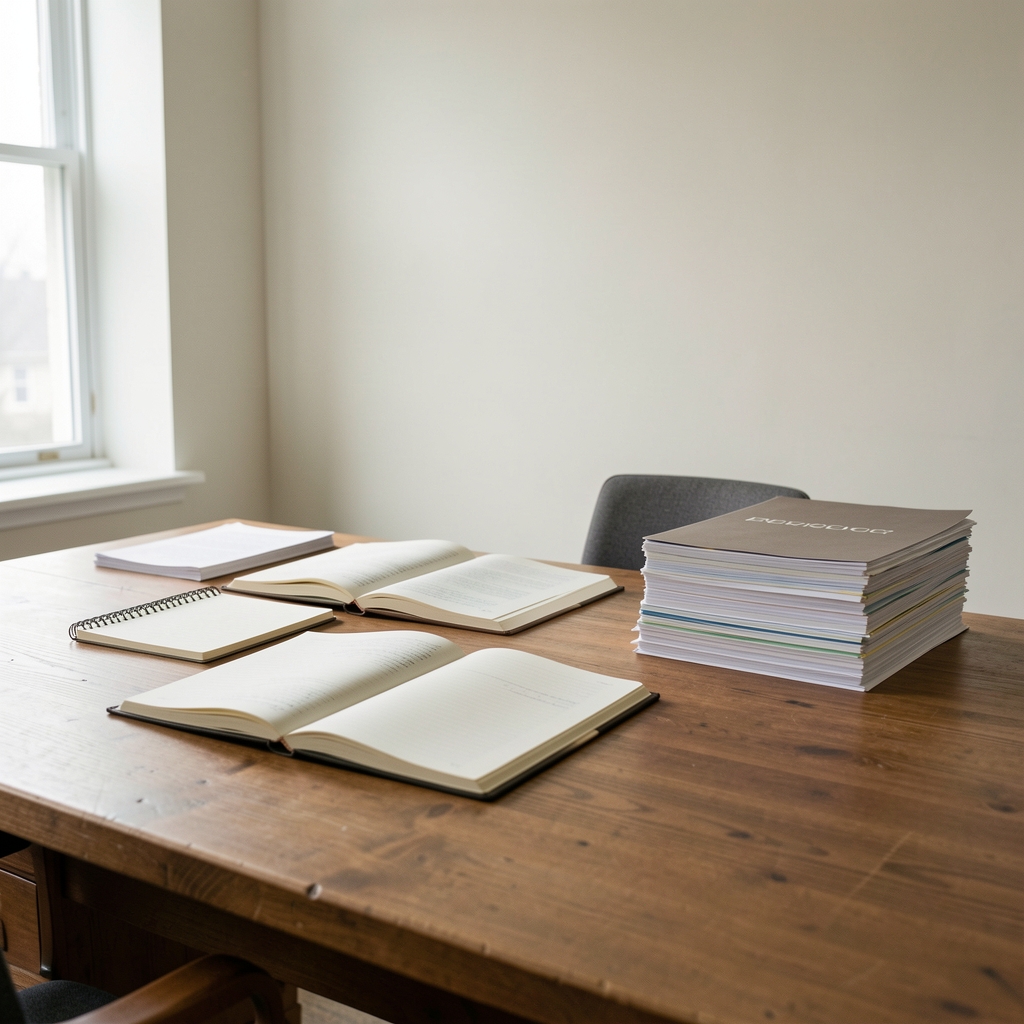 Editorial workspace with a large wooden desk, open notebooks, a stack of research papers, pale walls, natural north light