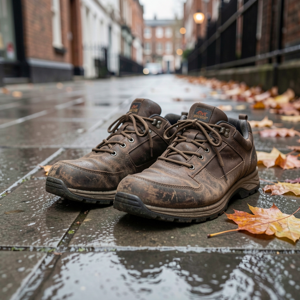 Pair of well-worn walking shoes on a wet London pavement beside autumn leaves, close-up editorial photograph in natural grey morning light