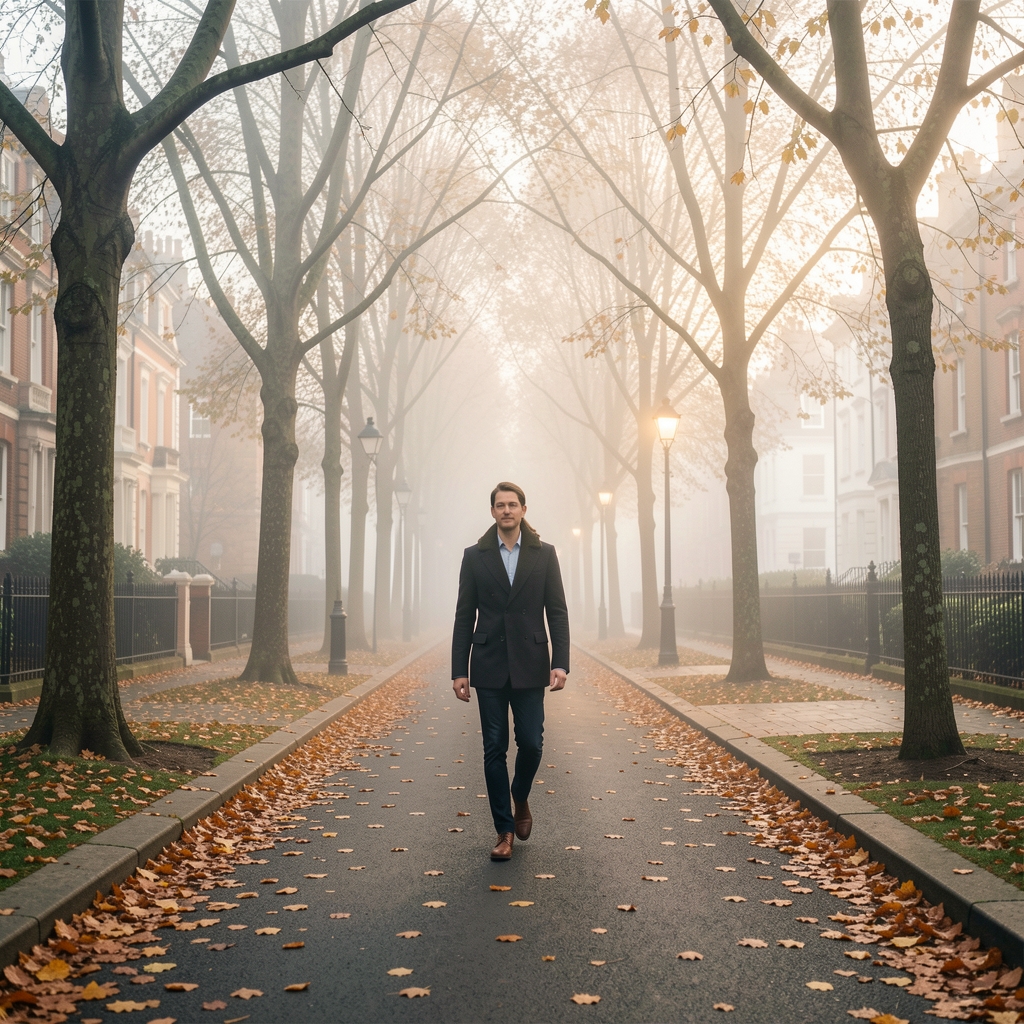 Person walking alone on a tree-lined London path in early morning mist, autumn leaves on the ground, editorial soft light
