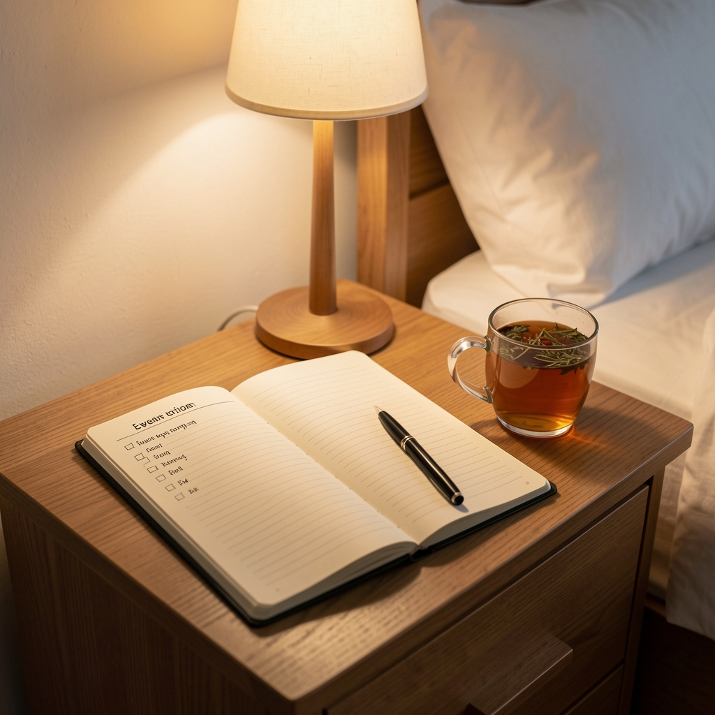 Open notebook with a simple evening routine checklist on a bedside table, warm lamp light, herbal tea beside it, quiet editorial atmosphere