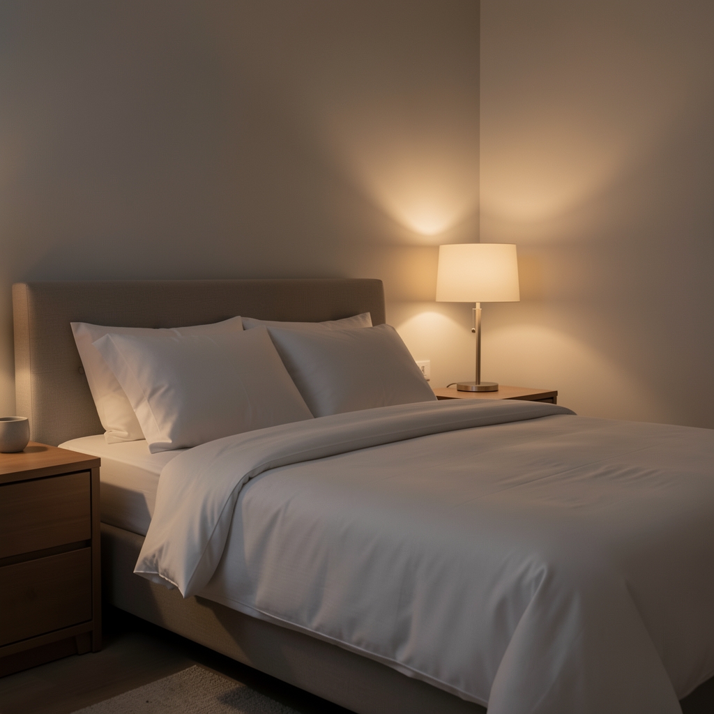 Dimly lit bedroom with neatly made bed, soft warm light from a bedside lamp, minimal and calm editorial atmosphere