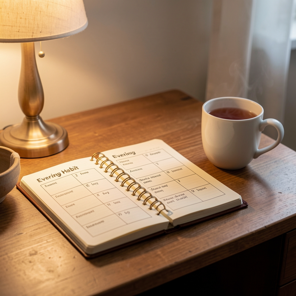 Notebook with evening habit tracker open on a desk beside a warm cup of tea, soft lamp light, quiet domestic editorial