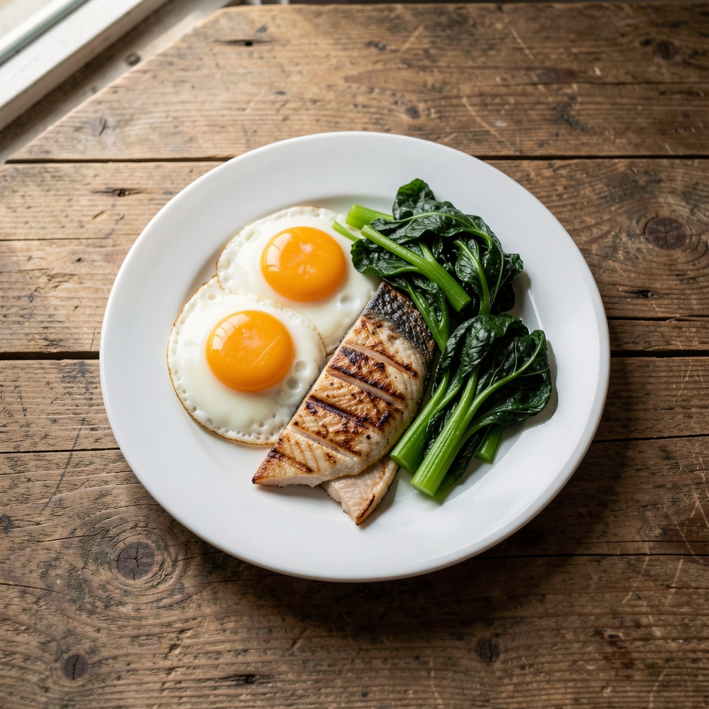 Wooden table with a plate of eggs, grilled fish and steamed greens in natural window light, overhead editorial food photography