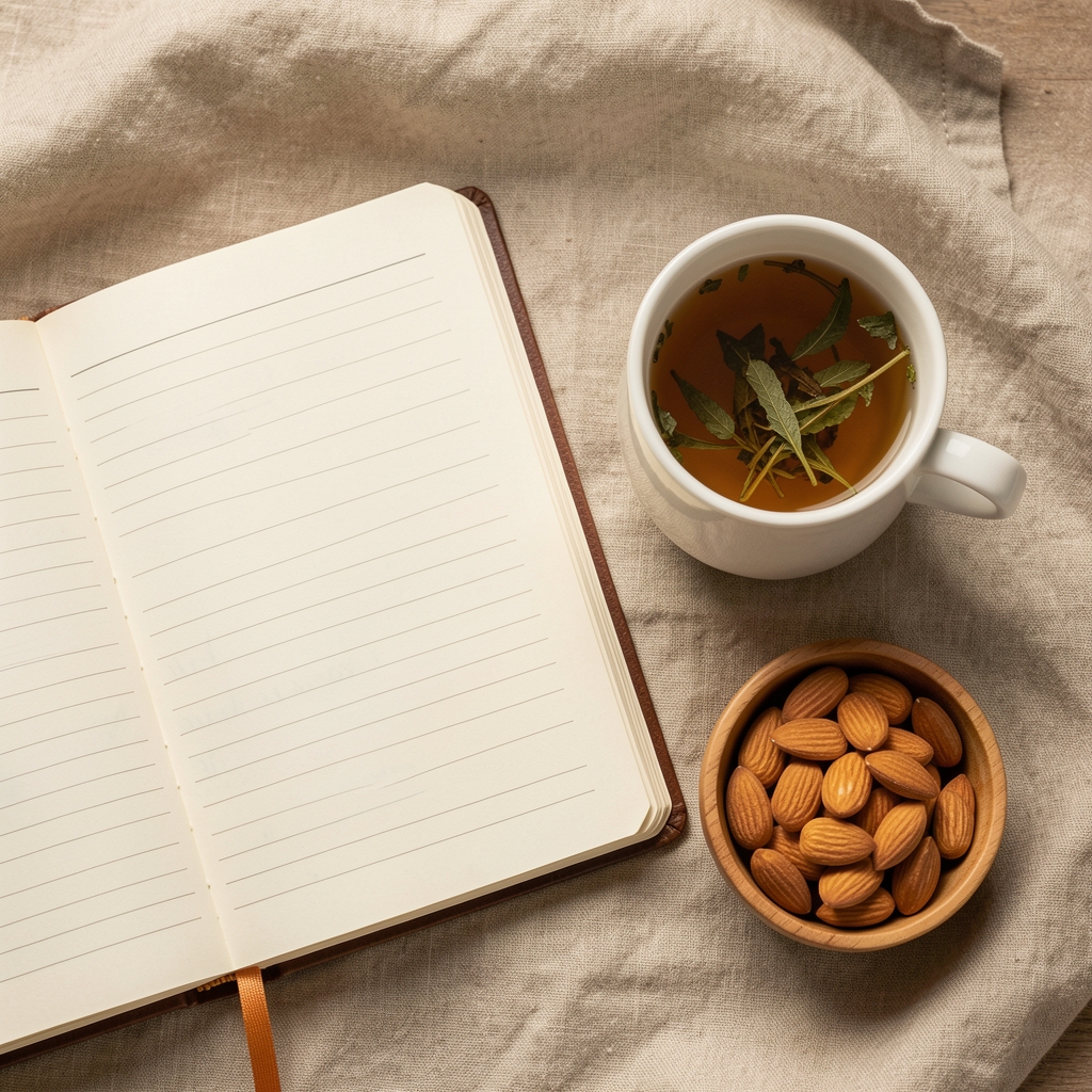 Notebook open beside a cup of herbal tea and a small bowl of almonds on a warm linen cloth, overhead editorial photograph