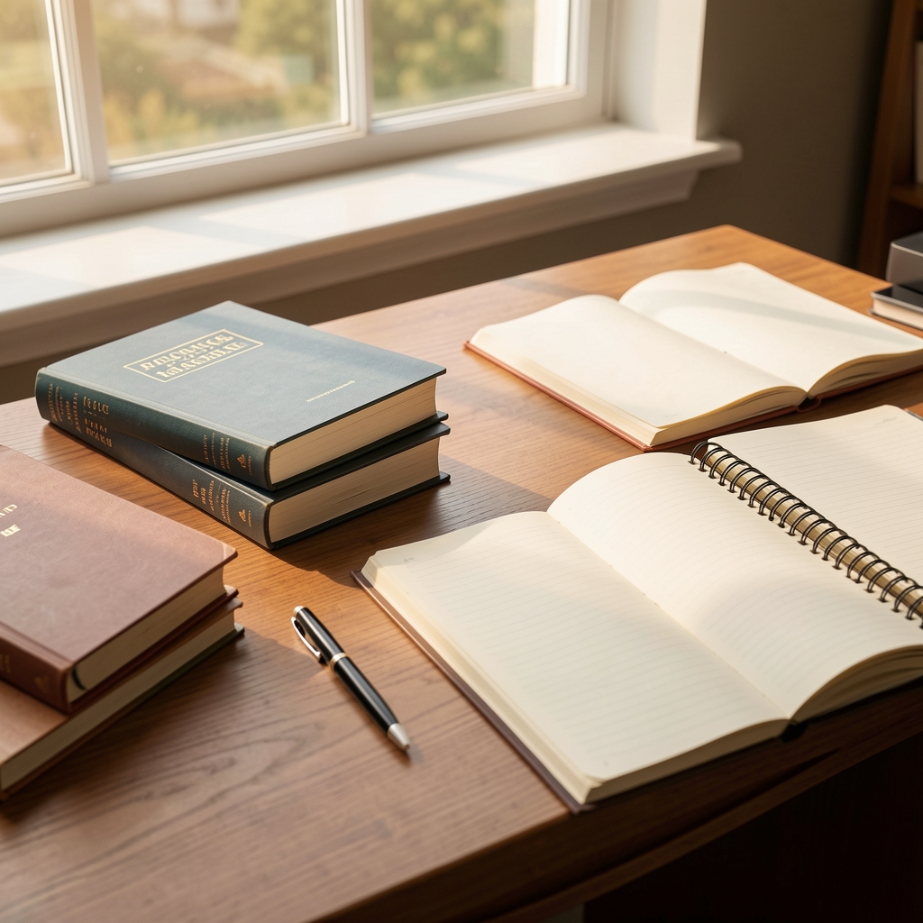 Desk surface with research journals, a pen, and open notebooks, warm north light from a window, editorial overhead composition